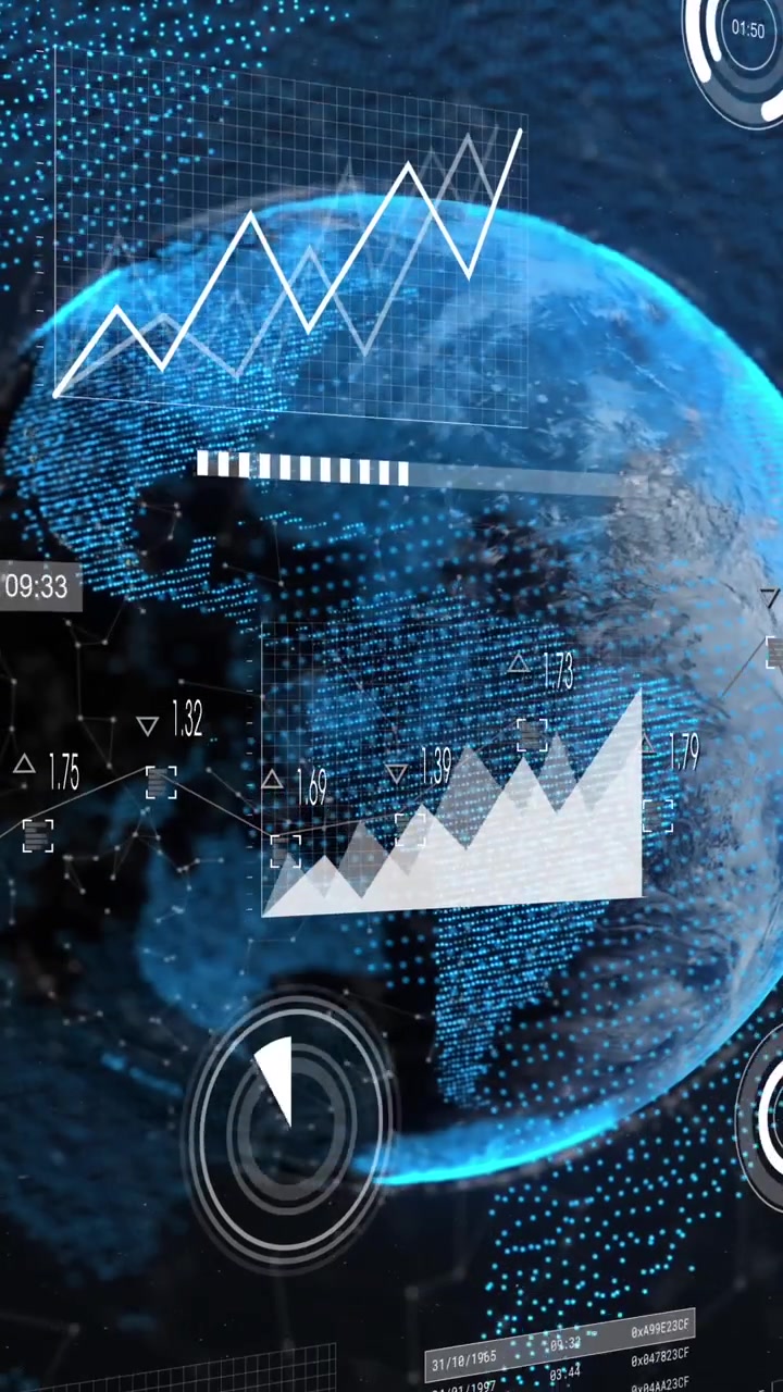 Animation of multiple graphs over connected dots around globes against abstract background