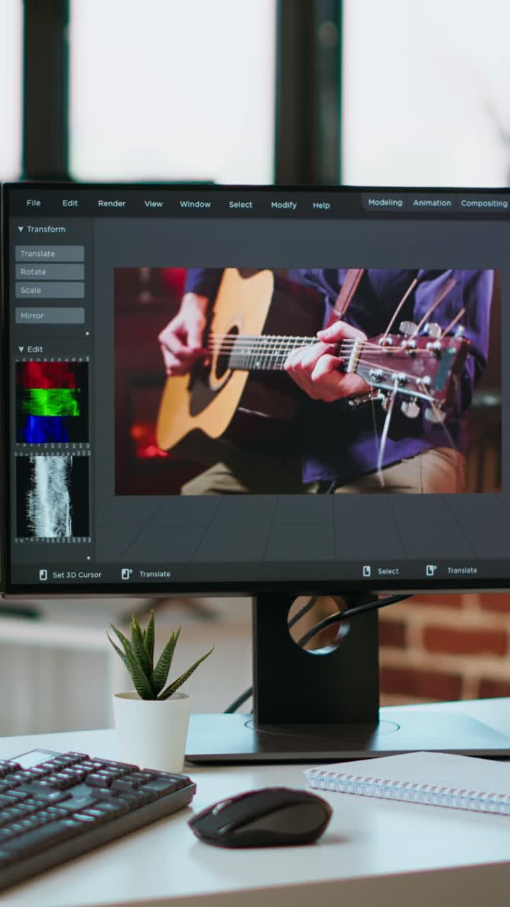 Video verticale Area di lavoro ufficio vuota con doppi monitor che mostrano una timeline di editor di video