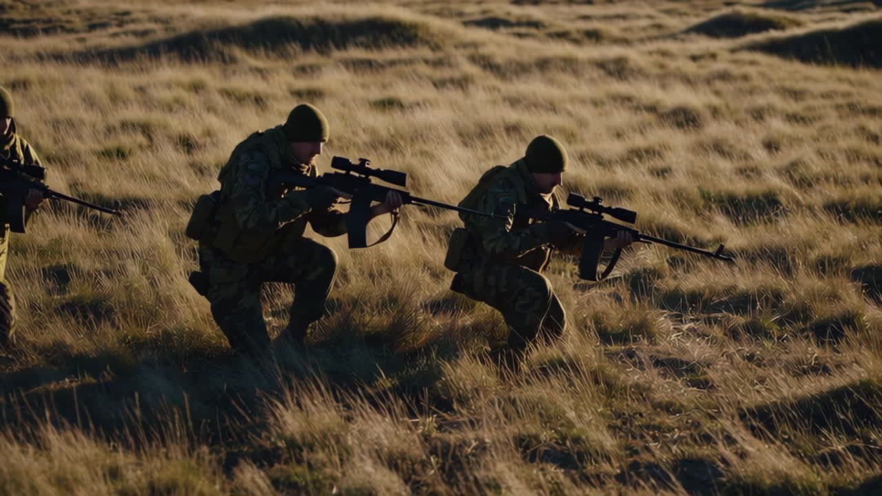 Soldiers in camouflage uniforms carrying rifles in a field