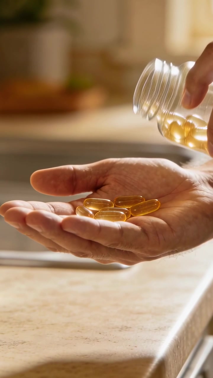 Video verticale: Una bottiglia viene inclinata, una mano raccoglie le capsule sul bancone della cucina, in procinto di prendere un integratore.