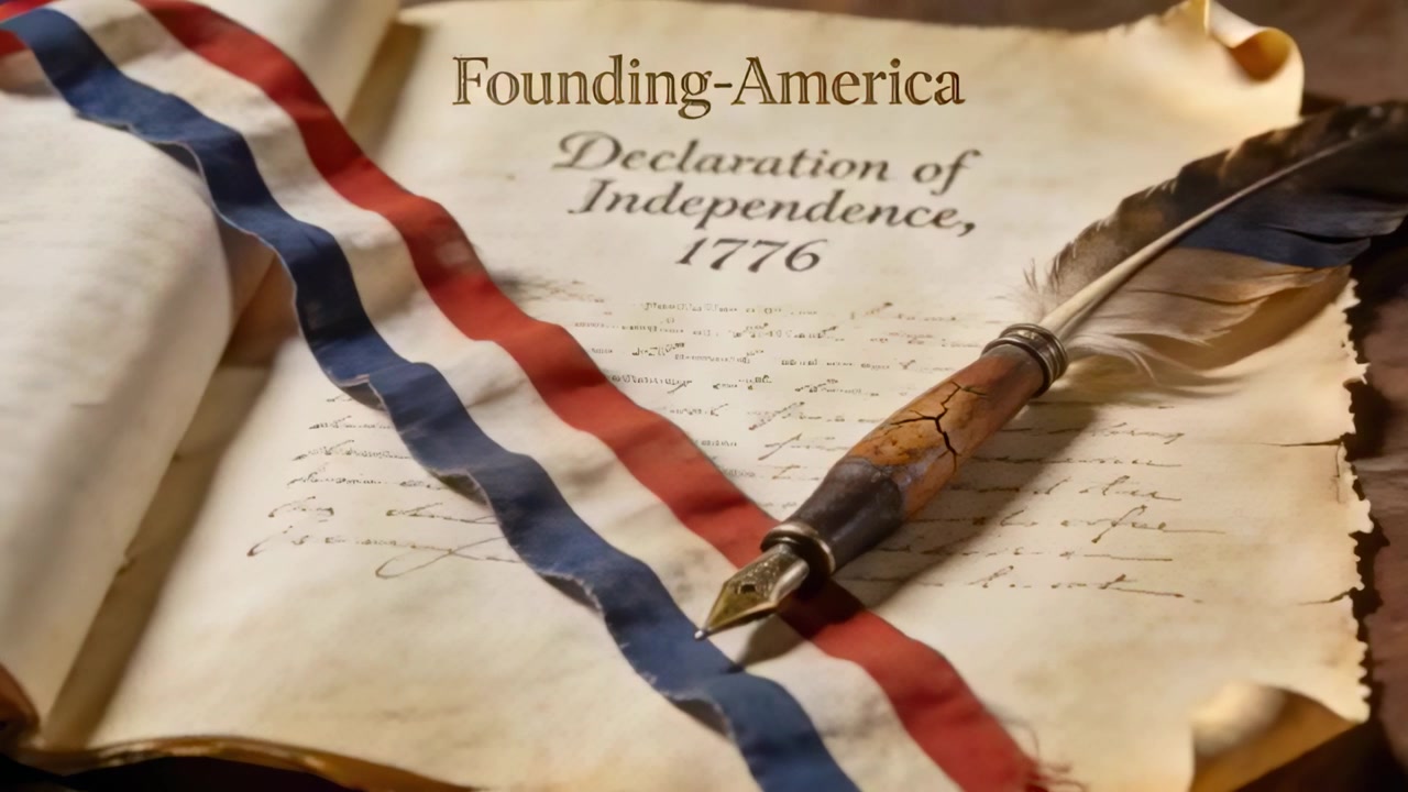 Slow zooming lens moving Declaration of Independence 1776 page on oak desk, with quill and ribbon