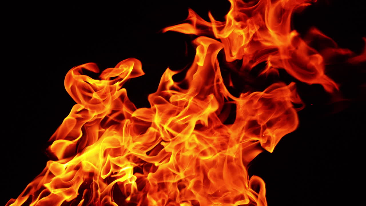 Hot red flame from the bonfire. Upper part of bonfire at black backdrop isolated. Close up.