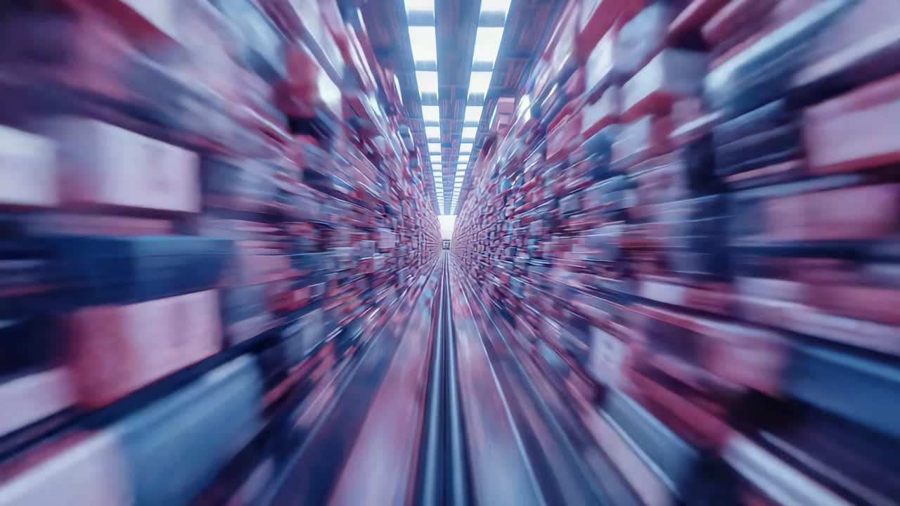 Accelerating camera vehicle moving along floor rail between metal shelving units in warehouse aisle