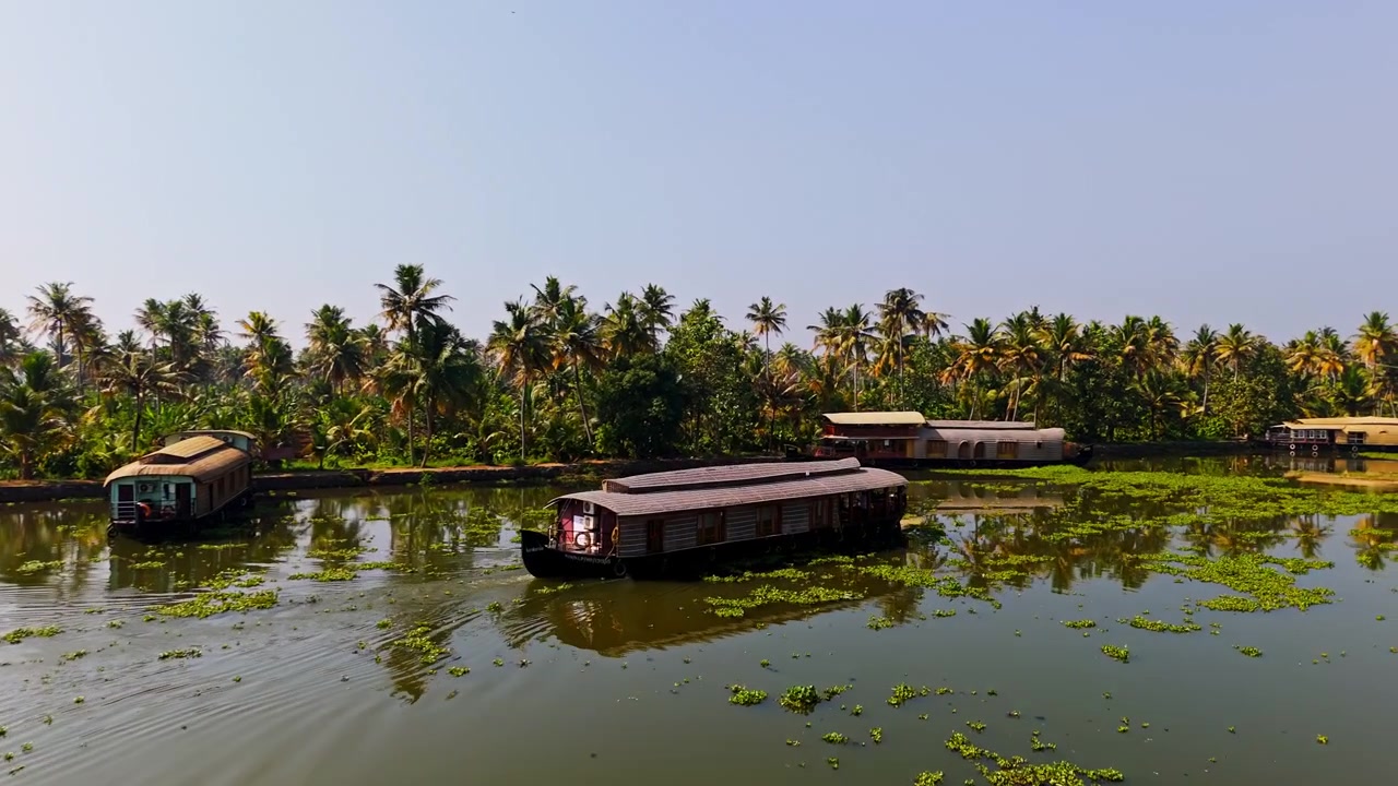 Panoramica aerea che si alza dietro una casa galleggiante, seguendo un Kettuvallam nel soleggiato Kerala