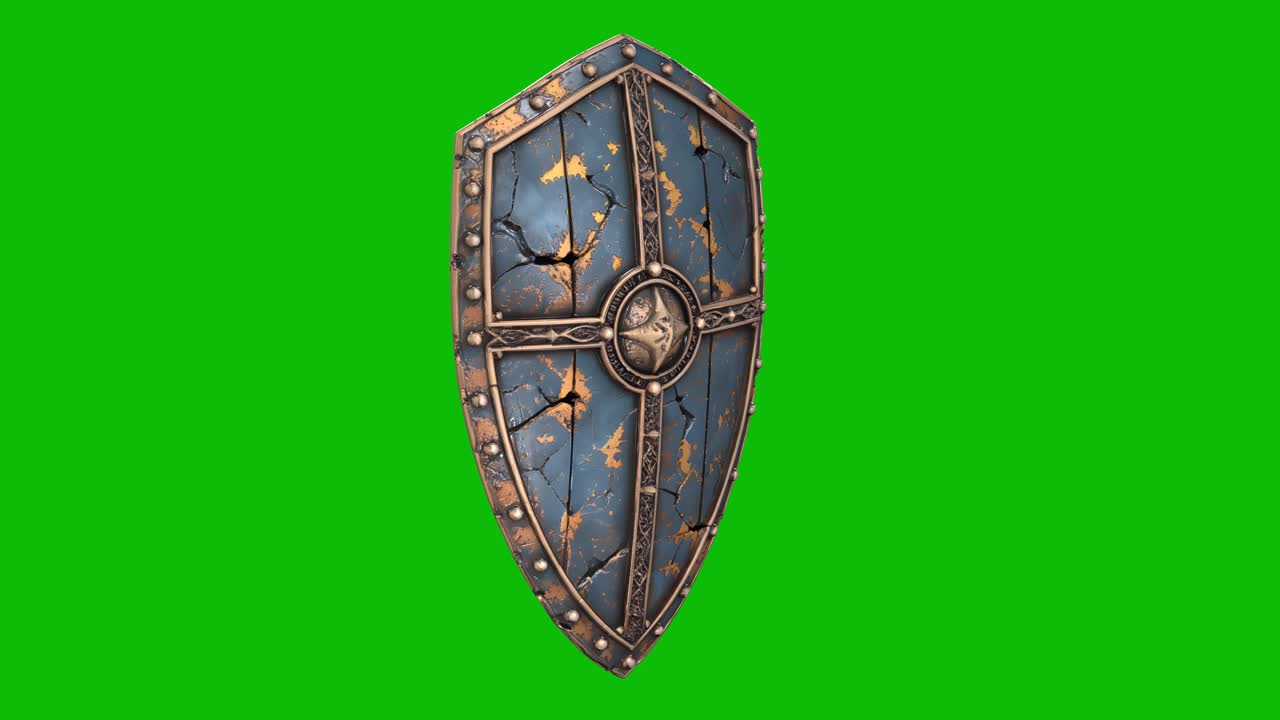 Design di scudo fantasy 3D 05 altamente dettagliato, con superficie in metallo usurato, rivetti decorati, emblema luminoso, isolato su green screen. Perfetto per giochi fantasy, progetti epici e composizioni VFX
