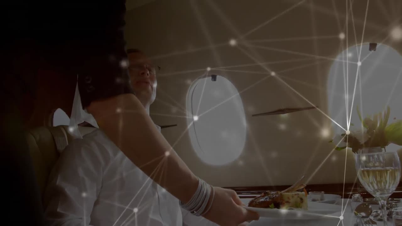 Animation of global network of connections with waiter serving a dish in the airplane