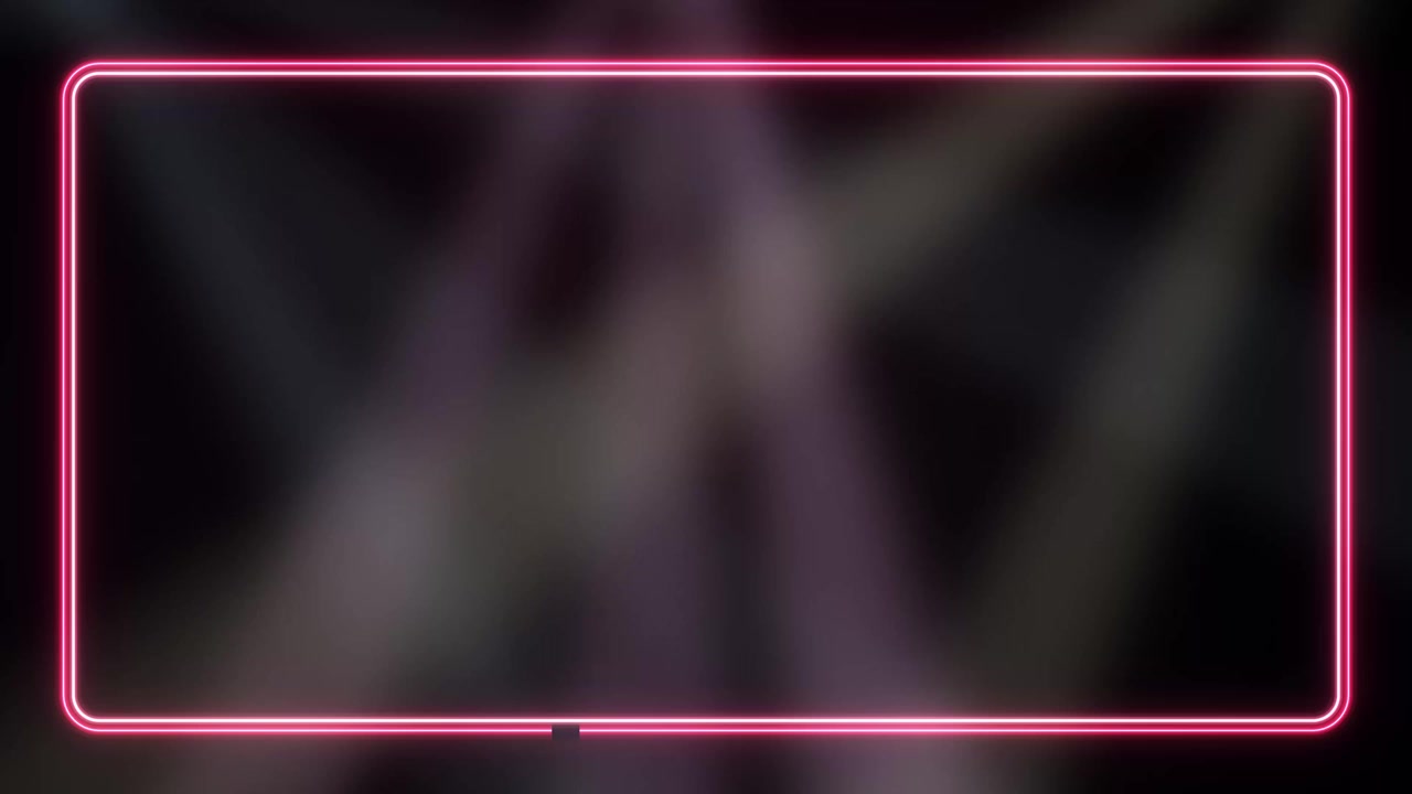 Glowing pink neon frame surrounds moving blurred spotlights on a dark stage background loop.