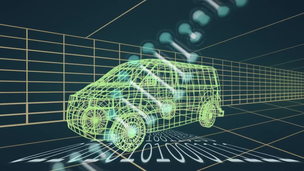 animación de cadena de adn y codificación binaria sobre modelo de dibujo 3d de furgoneta y cuadrícula