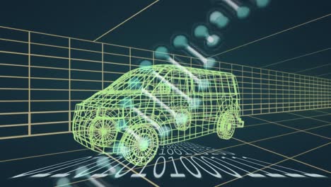 Animación-De-La-Cadena-De-ADN-Y-Codificación-Binaria-Sobre-Un-Modelo-De-Dibujo-3D-De-Furgoneta-Y-Rejilla.