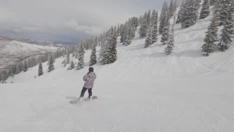 punto de vista sigue al snowboarder deslizándose hacia abajo en la pista de esquí en la estación de esquí, aspen, colorado