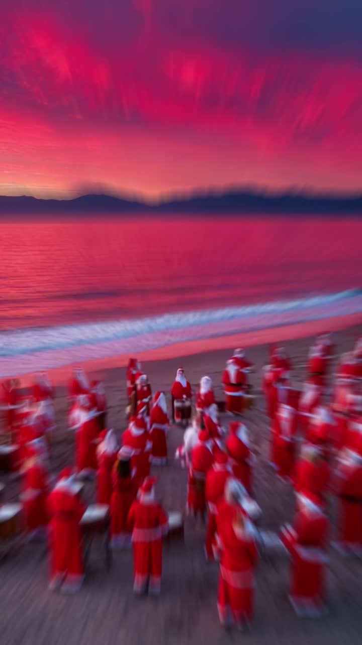 A Vibrant Celebration at Dusk: A Gathered Ensemble of Festively Attired Individuals Dressed in Red, Engaged in Music Along the Serene Shoreline Against a Colorful Twilight Sky