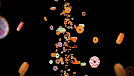 flying many colorful donuts on black background. doughnut cake, sweets, dessert. 3d animation of donut rotating. loop animation.