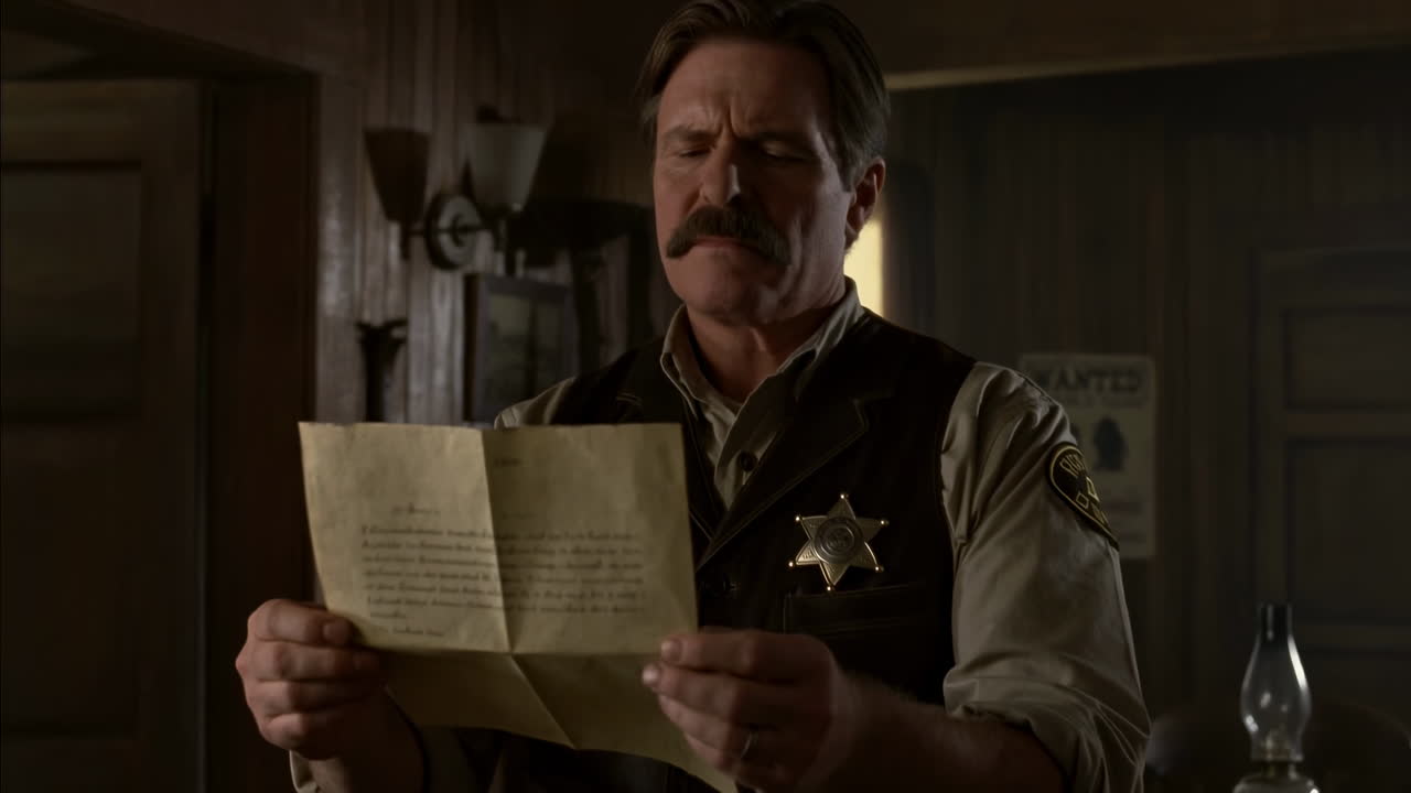 Concerned Sheriff Reading an Old Letter in a Dimly Lit Office