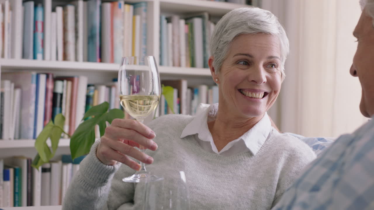vecchia coppia felice che beve vino rilassandosi sul divano a casa facendo un brindisi celebrando un anniversario godendo di una relazione romantica in una confortevole pensione 4k footage