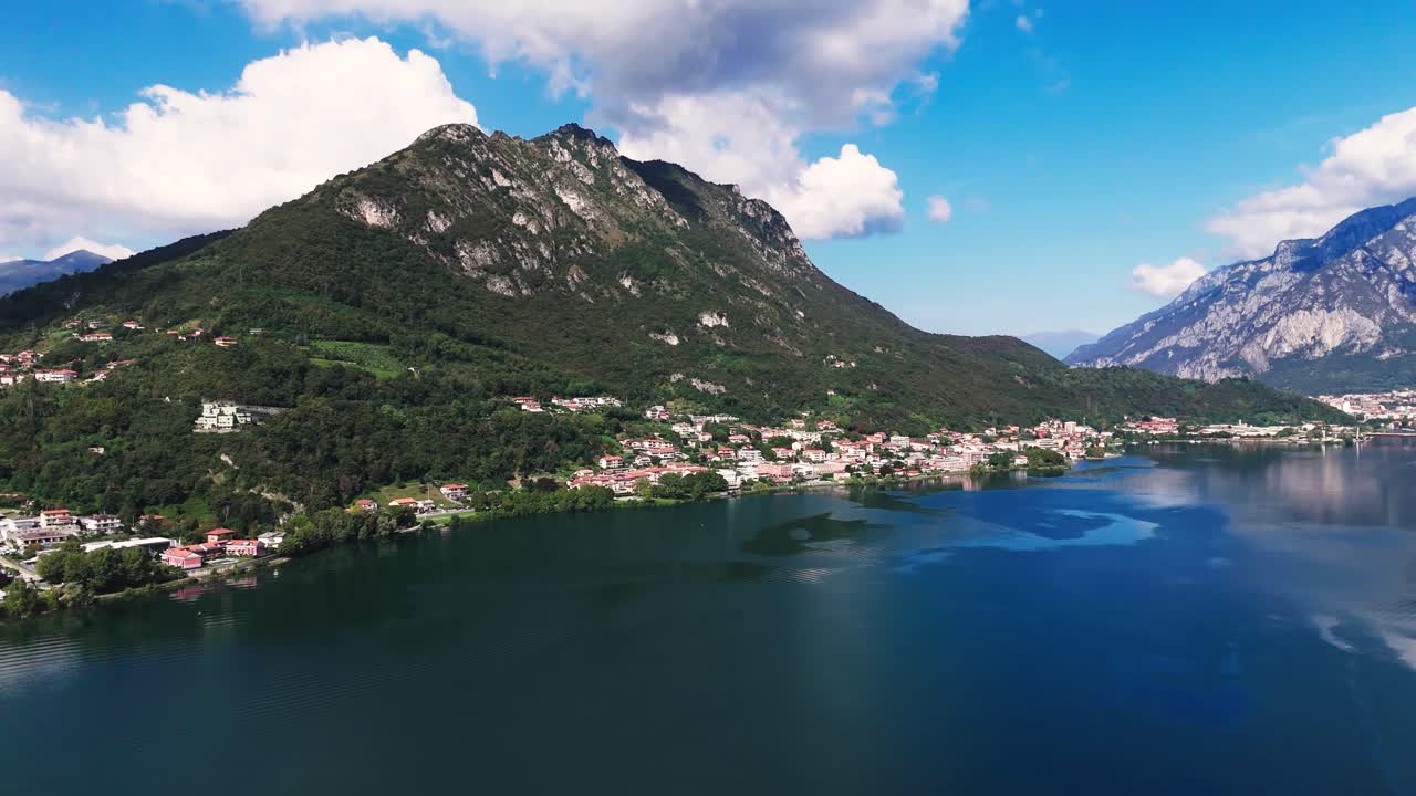 Mountains surrounding Lake Garlate, drone view