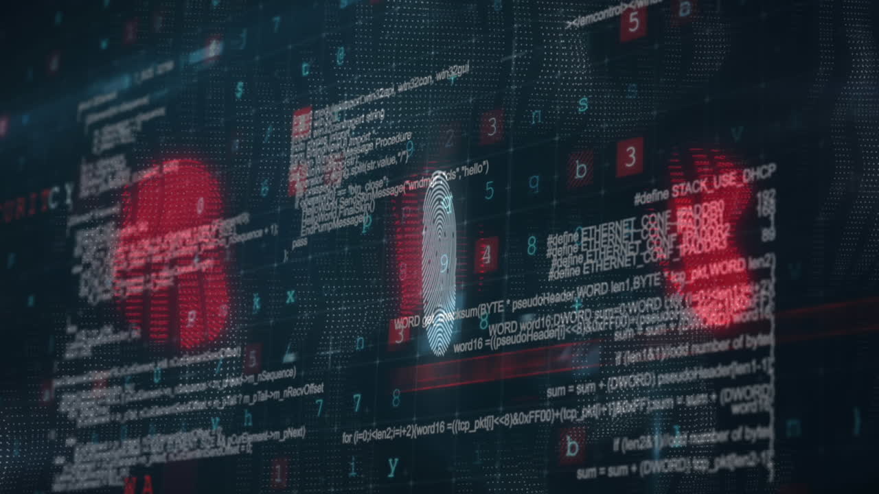 animación del procesamiento de datos y huellas dactilares sobre fondo oscuro