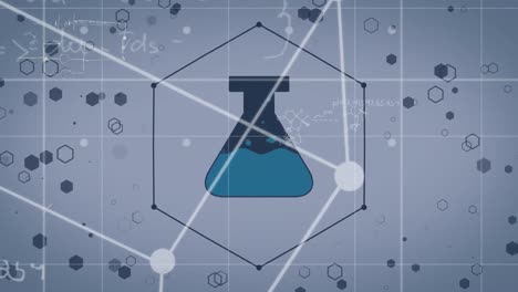 Animation of cube with chemical icon and grid on blue background