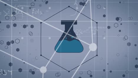 animation of cube with chemical icon and grid on blue background