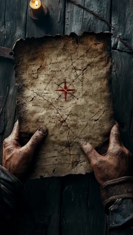old treasure map held by explorer with candlelight on wooden table