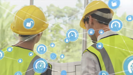 animación de iconos conectados sobre ingenieros caucásicos discutiendo el plan