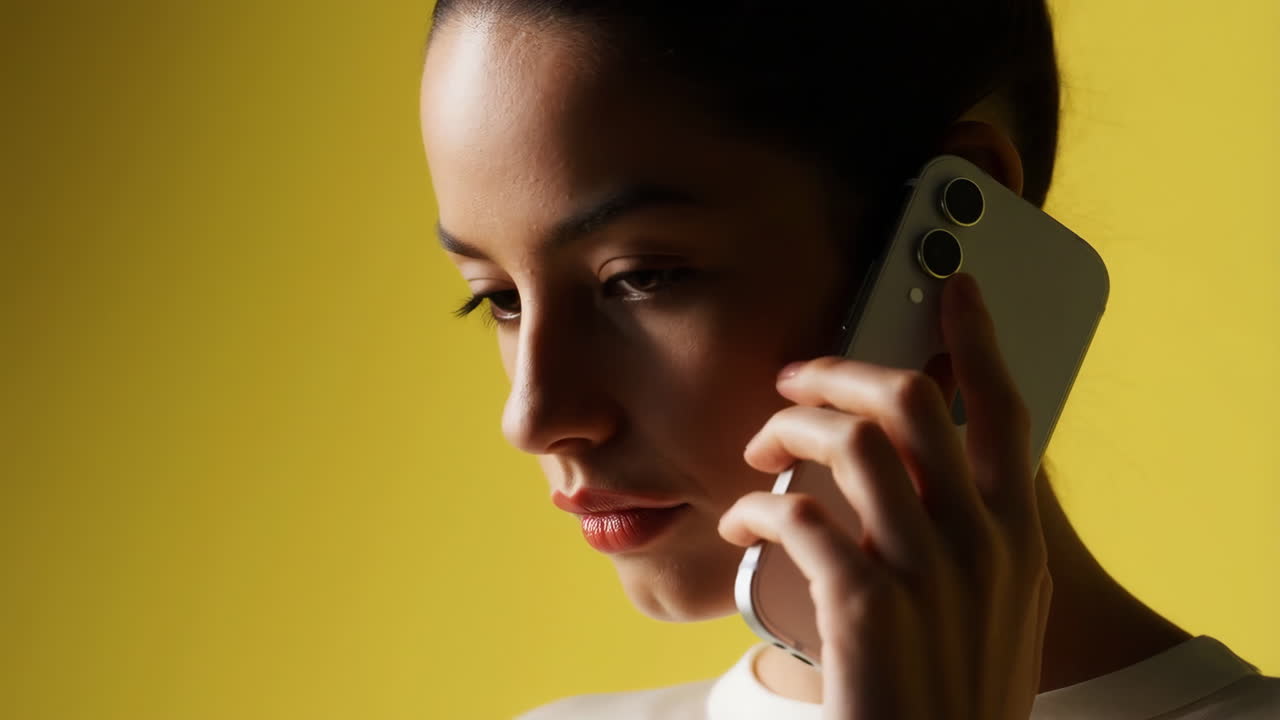 Woman talking on a mobile phone against a yellow background