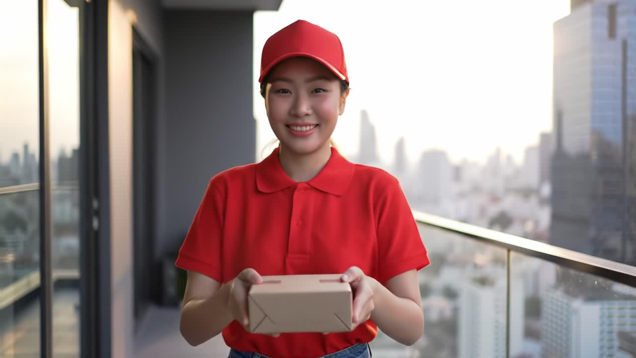 A cheerful delivery worker stands on a balcony of a modern high-rise, holding a package. The skyline sparkles in the background as the sun sets, creating a warm atmosphere.