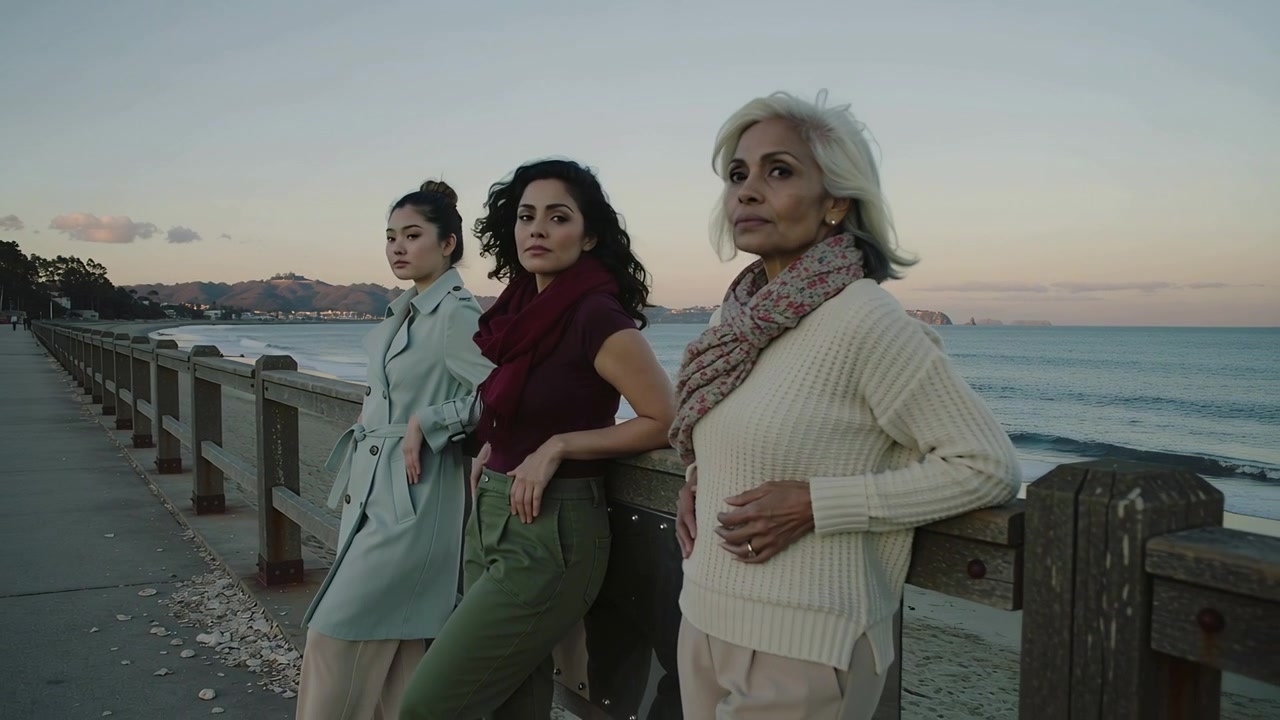 Camera tightening 3 women shifting toward camera on pier railing at sunset, with scarf, trench coat