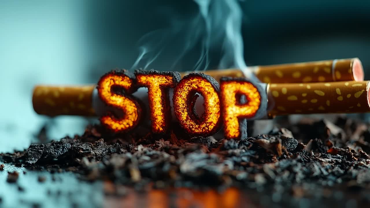 Tobacco wood stop sign. A creative display shows the word stop formed from charred tobacco and wood, surrounded by swirling smoke.