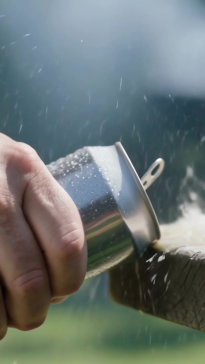 Video verticale: Mano che allunga e tiene una tazza di metallo, versando acqua sul bordo di una panchina del parco, svuotandola