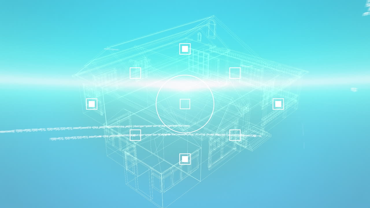 파란색 배경에 데이터 처리 및 라이트 오버 하우스 프로젝트의 애니메이션