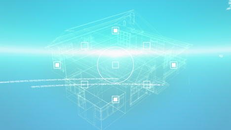 animation of data processing and lights over house project on blue background