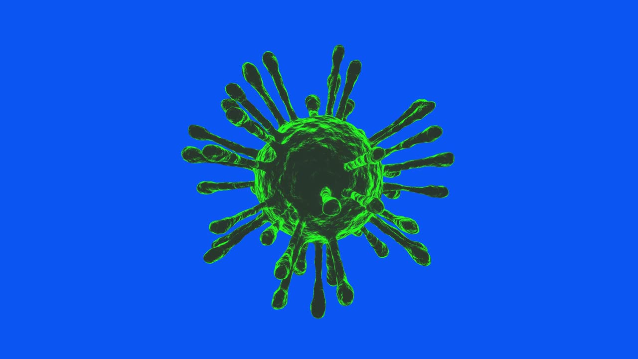 Cella di Coronavirus COVID-19 verde rotante. Loop continuo. Schermo blu. 4K UHD. Rendering 3D.