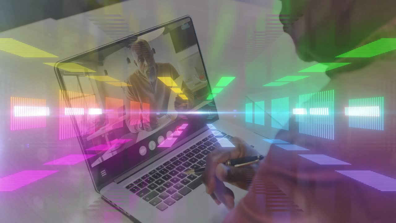 User tapping laptop with pen while remote peer starting speaking, audio overlay sweeping meeting