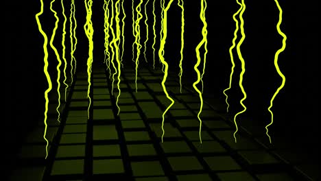 yellow tentacles in space. design. abstract moving tentacles of an unknown creature above the surface with rows of squares, seamless loop.