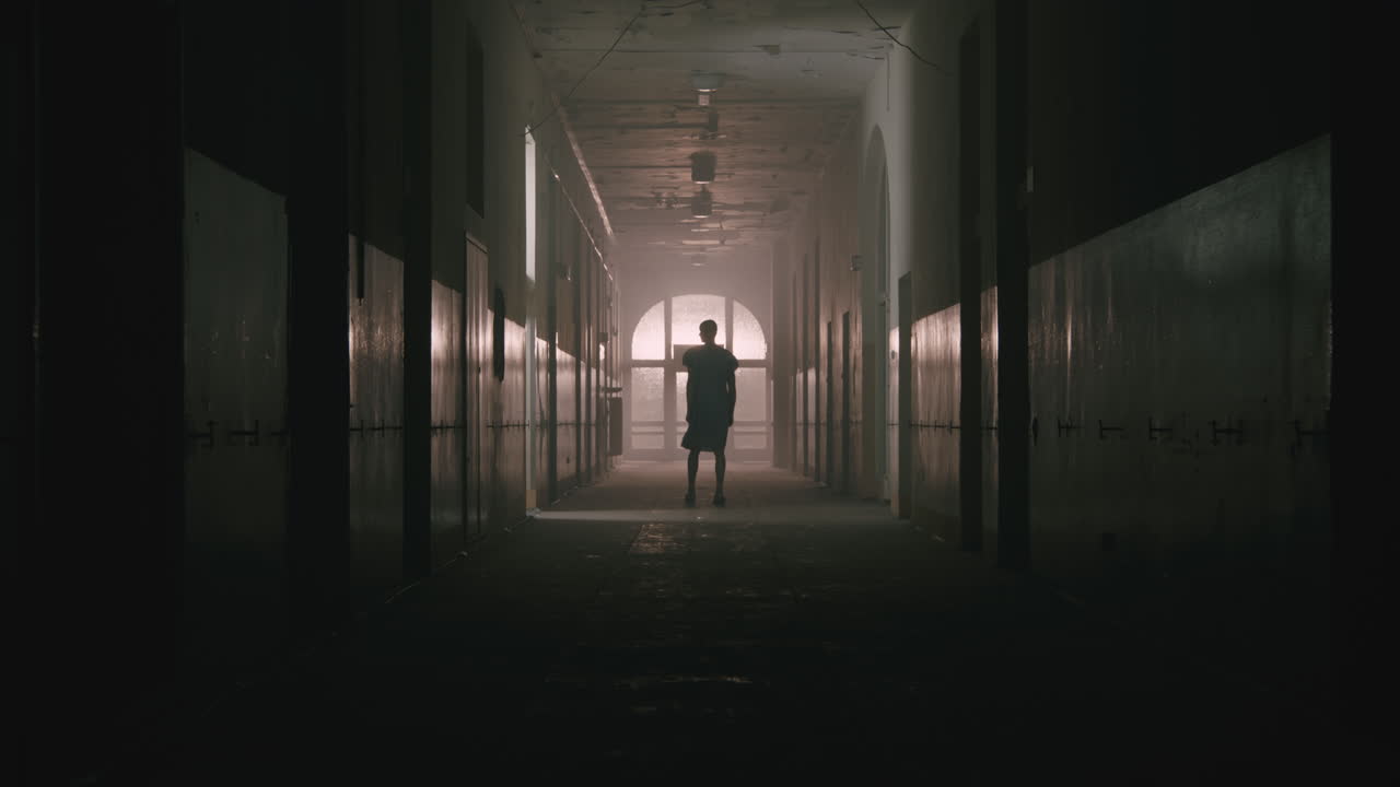 A bald man walks on the empty hospital corridor at night