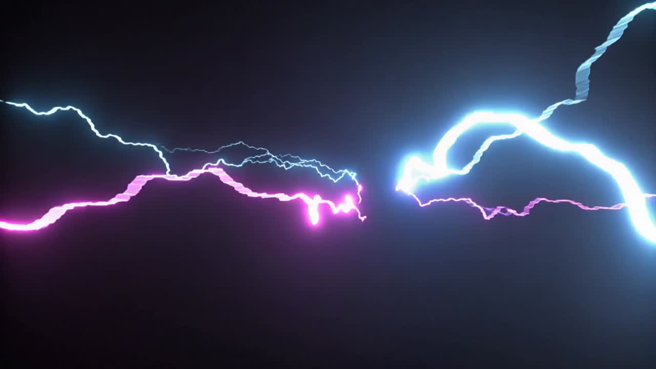 Colliding blue and pink arcs hitting bright core at dark backdrop, causing white-gold radial sparks