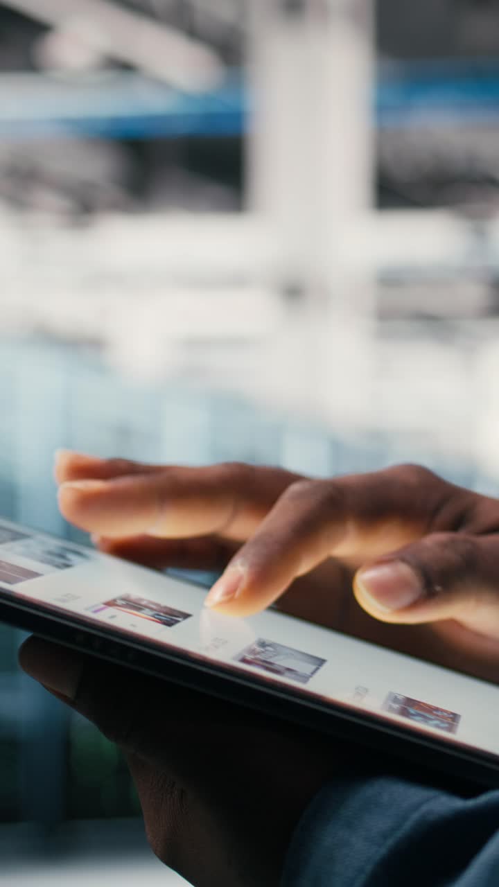 Vertical video Using AI software, tablet close up and engineer in data center