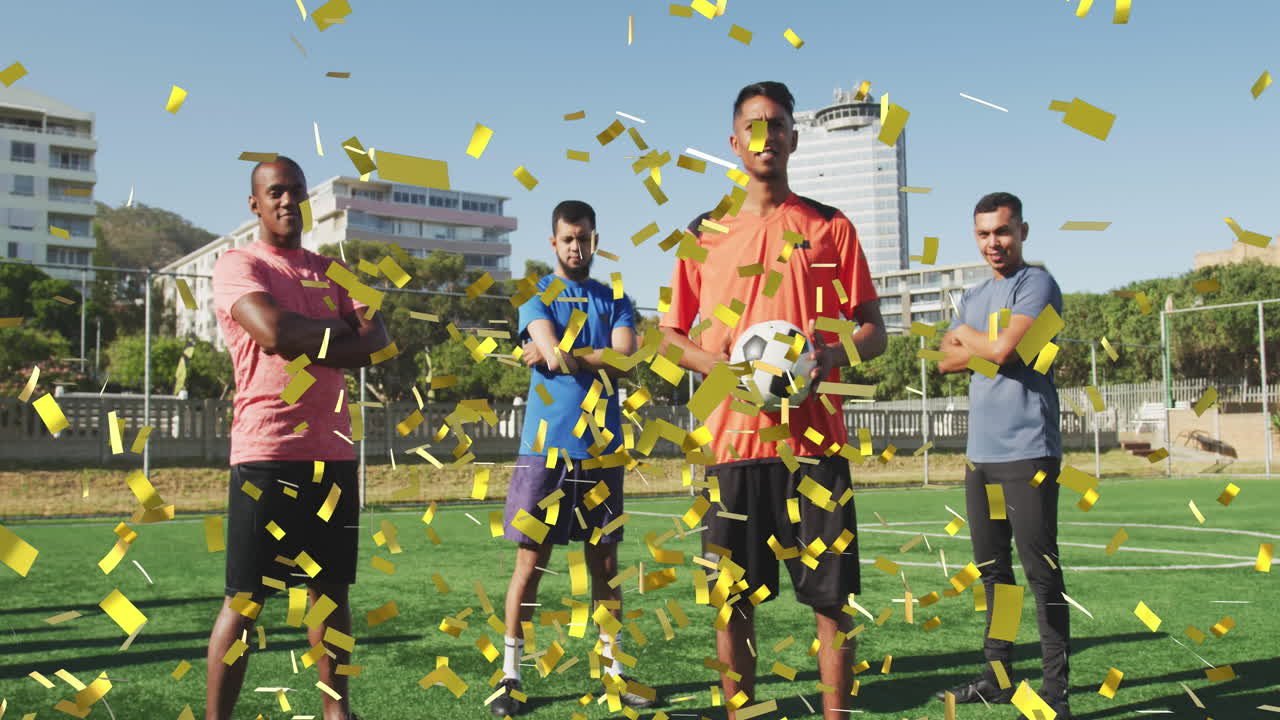 animación de confeti cayendo sobre el retrato del equipo de fútbol masculino en el campo