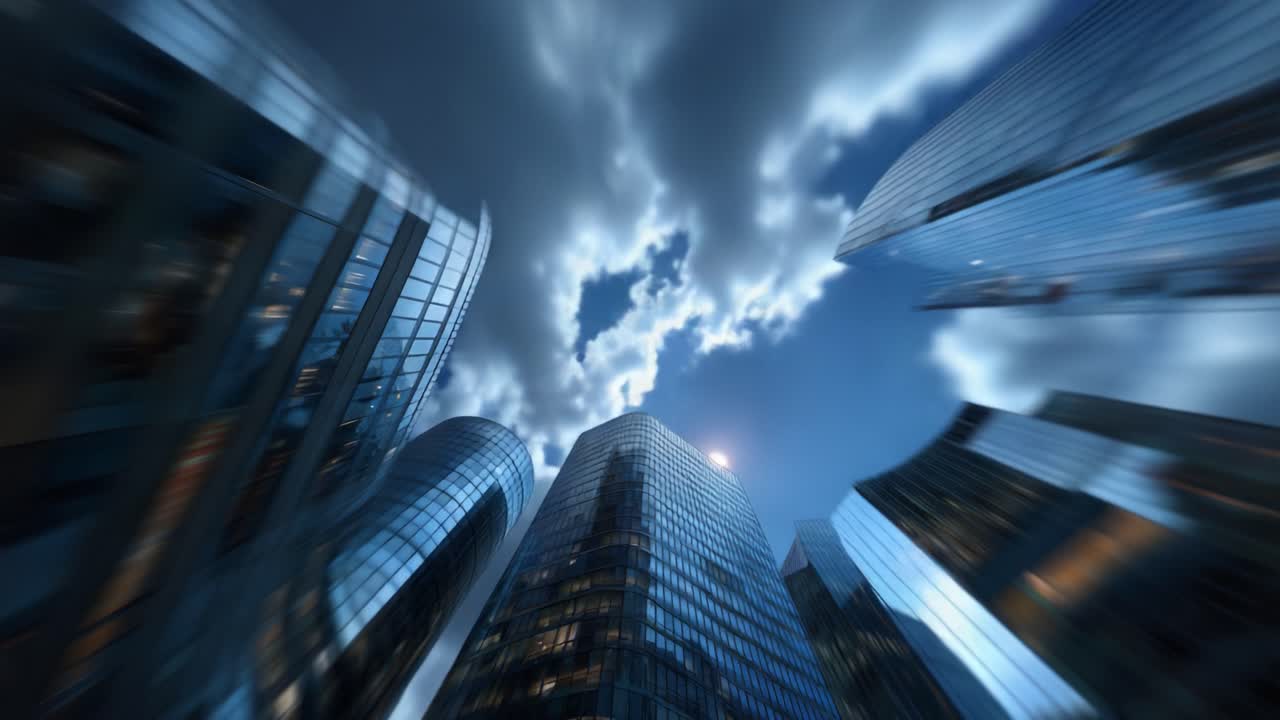 Prospettiva spettacolare di grattacieli su un cielo nuvoloso, che cattura i dettagli intricati dell'architettura moderna e il gioco di luci nell'atmosfera serale
