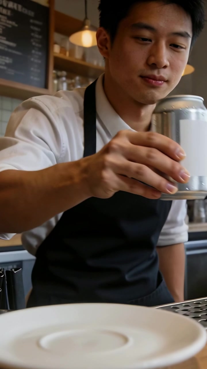 Vertical video: After order, barista in white shirt dark apron sliding cold metal can at cafe