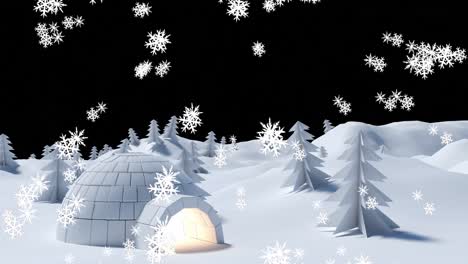 Animation-of-snow-falling-over-igloo-in-night-winter-landscape