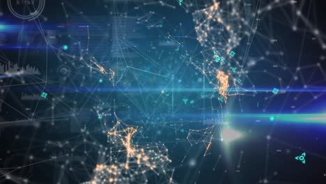 animación de una red luminosa de conexiones y procesamiento de información a través de un mapa por satélite