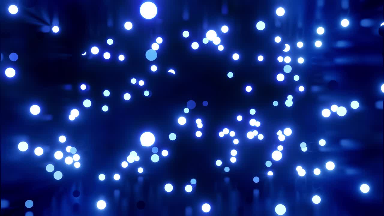 glowing blue balls flash and fly in shiny room. 4k abstract 3D background of luminous spheres in dark shiny camera. Beautiful motion background in a color tone. Bulbs light up and go out randomly.