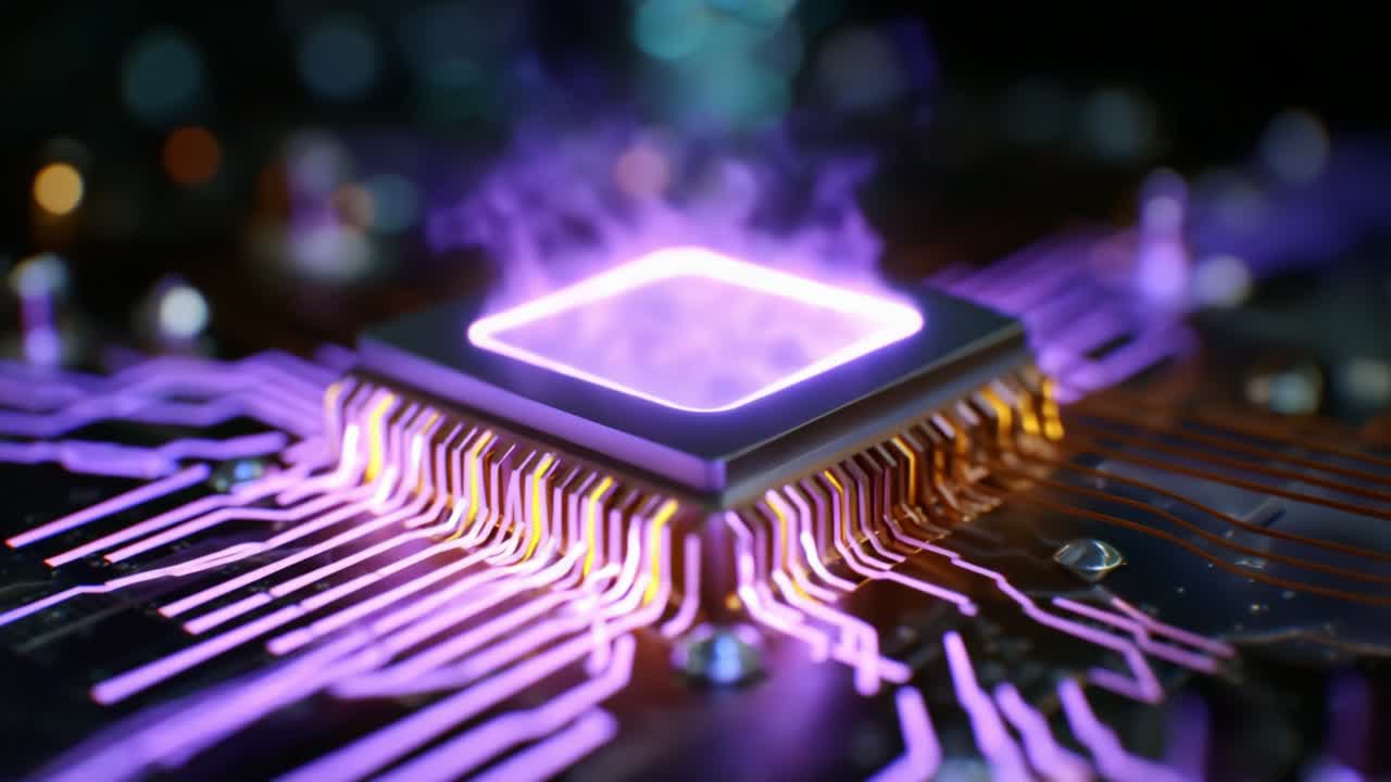 A Stunning Visualization of a Hyper-Modern Processor Chip Surrounded by Colorful Energy Pulses and Circuitry, Illustrating the Intersection of Technology and Science in an Electrifying Display