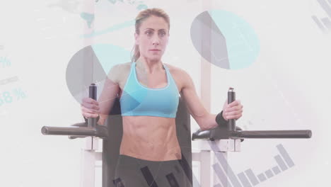 animation of data processing over woman exercising using gym equipment