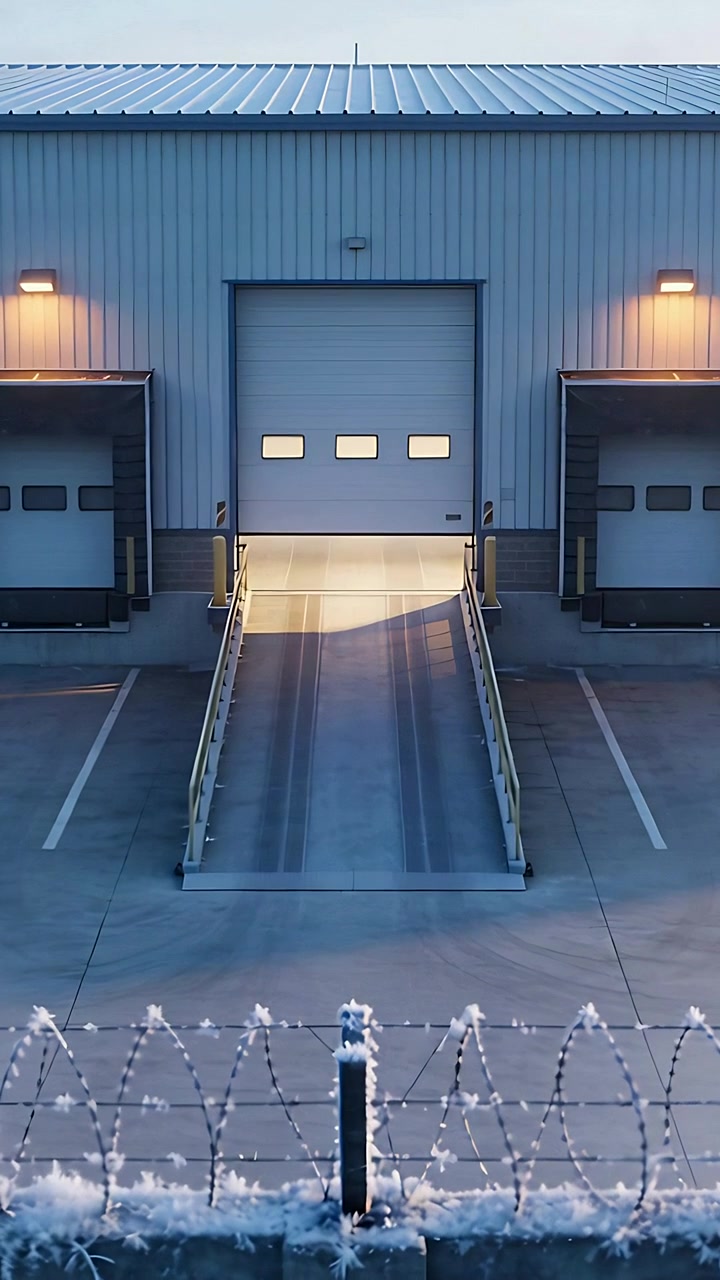 Vertical video: Lowering central rollup door dimming inner ramp light at loading dock