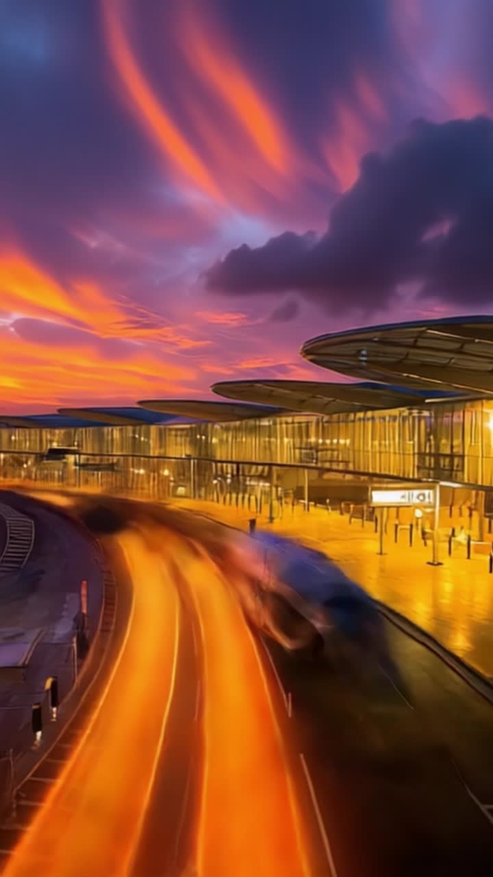 A stunning sunset casts vibrant hues over a modern airport terminal, showcasing dynamic light trails and architectural elegance in a tranquil evening setting