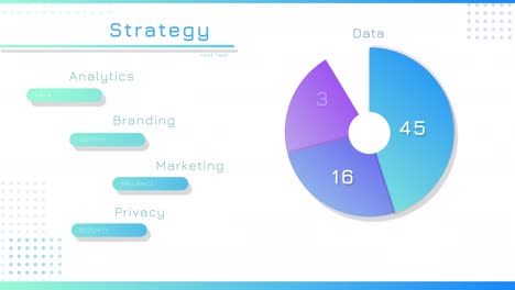 business strategy presentation mock-up with analytics, marketing, branding and privacy goals. keynote slides with white background and blue texts and charts. template for computer displays.