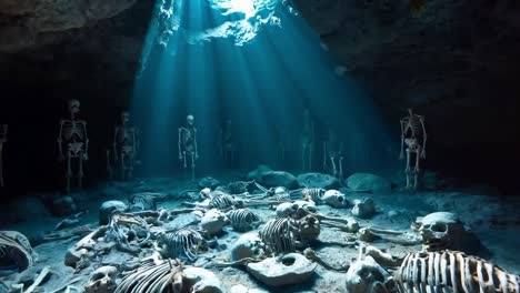 a group of skeletons in a cave with sunlight shining through the water