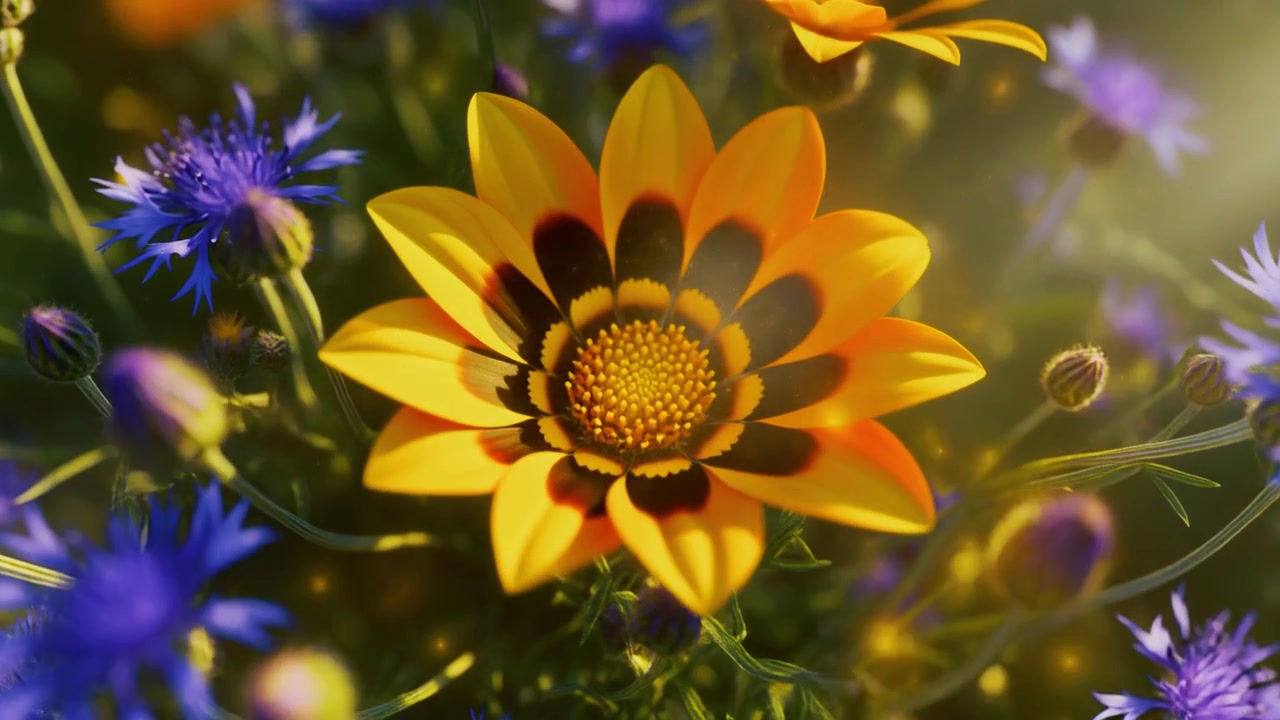 Fiori vivaci di Gazania e Fiordaliso alla luce del sole
